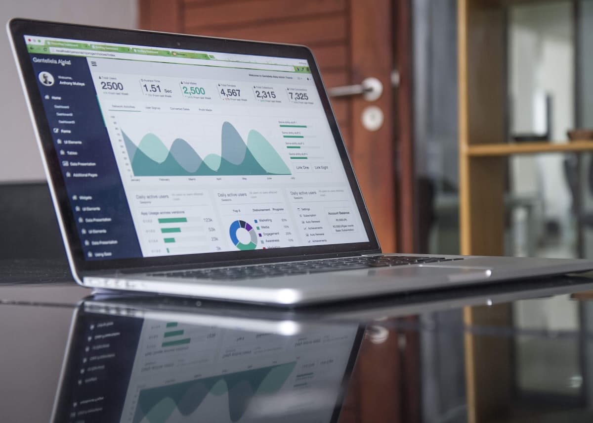 A financial dashboard with charts displayed on a laptop screen